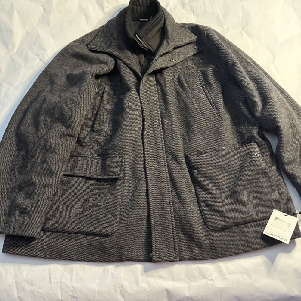 Calvin Klein Mens Charcoal Gray Ribbed Wool Zip‎ Quilted Barn Chore Coat XL
